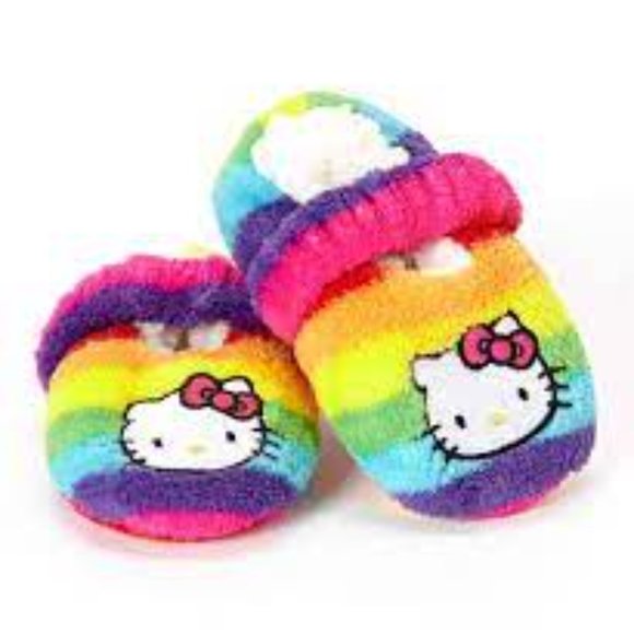Hello Kitty Other - ADORABLE Hello Kitty Rainbow Stripe Fluffy Slip On Slippers Kids Sanrio Fuzzy 🌈